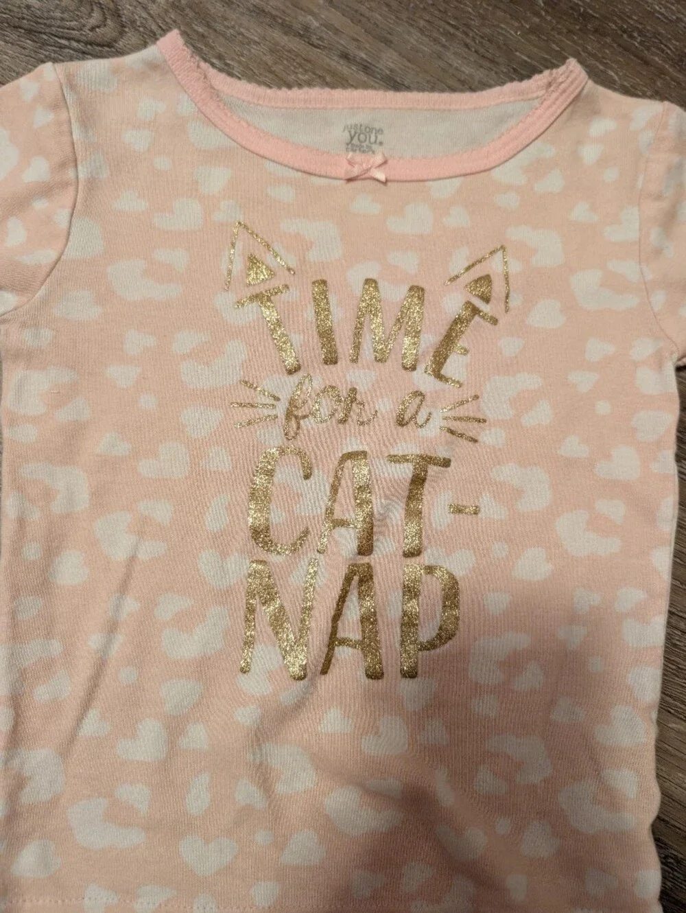 Girls Pink Heart-Pattern Pajama Set with Gold 'Cat Nap' Graphic
